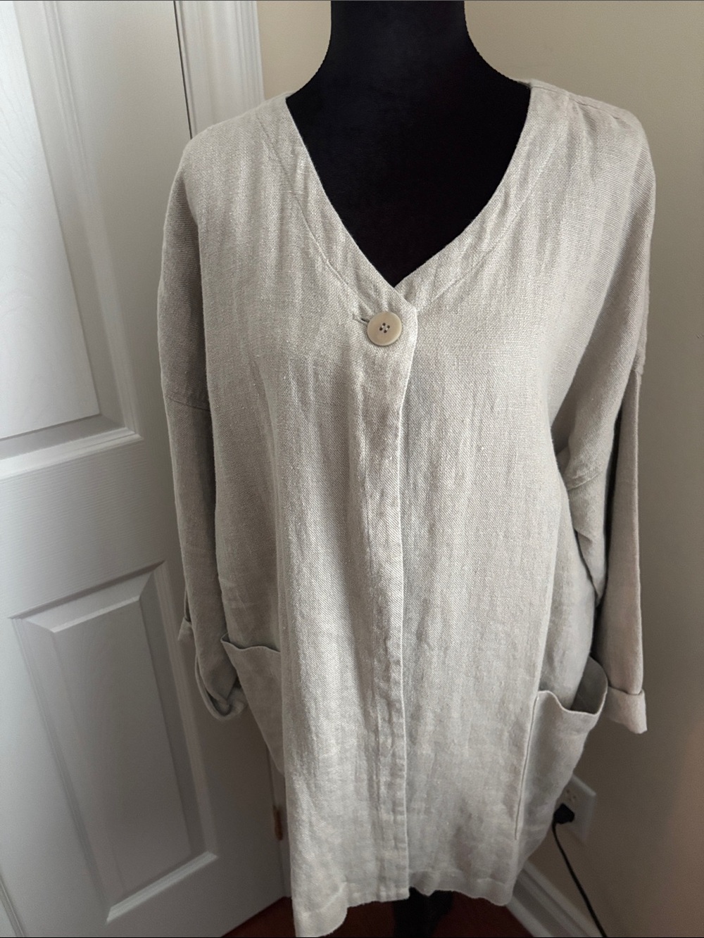 Eileen fisher Light Beige Linen one Button-Front Long Jacket size L